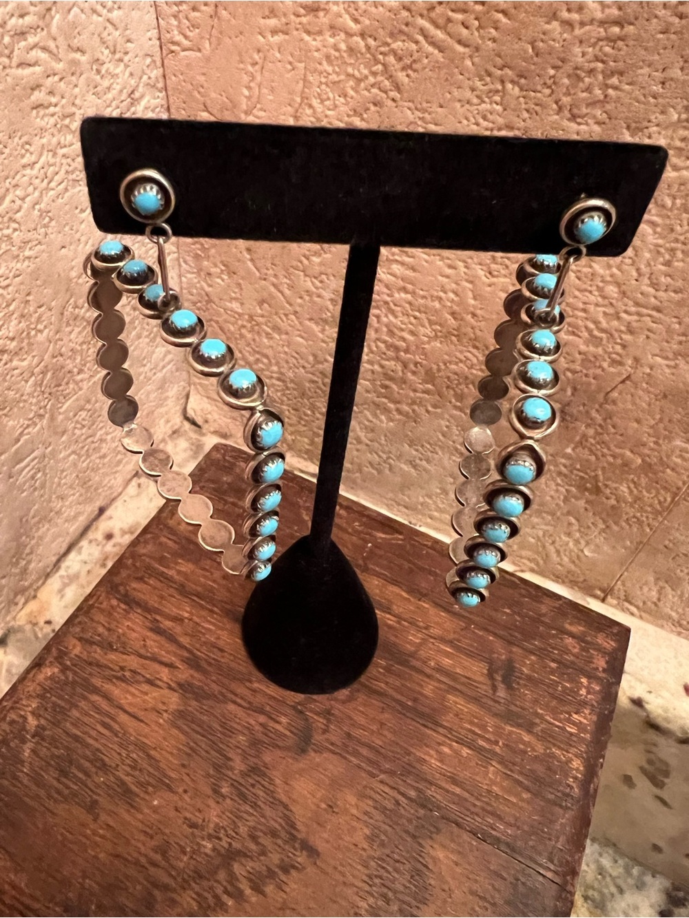 Vtg Zuni Turquoise Sterling Silver Snake Eye Square Hoop Dangle Earrings 925 - Picture 12 of 12
